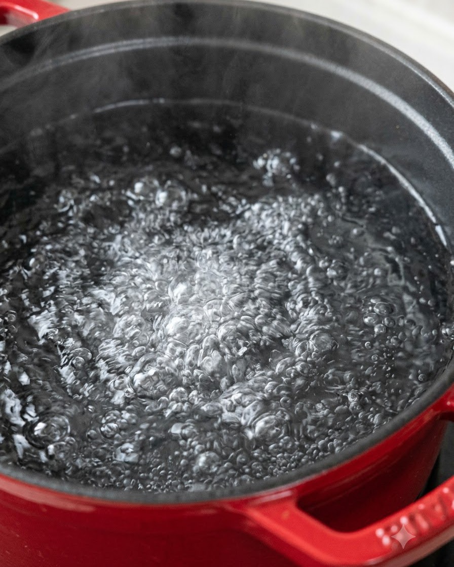 Spaghetti cooking in a pot of vigorously boiling water.