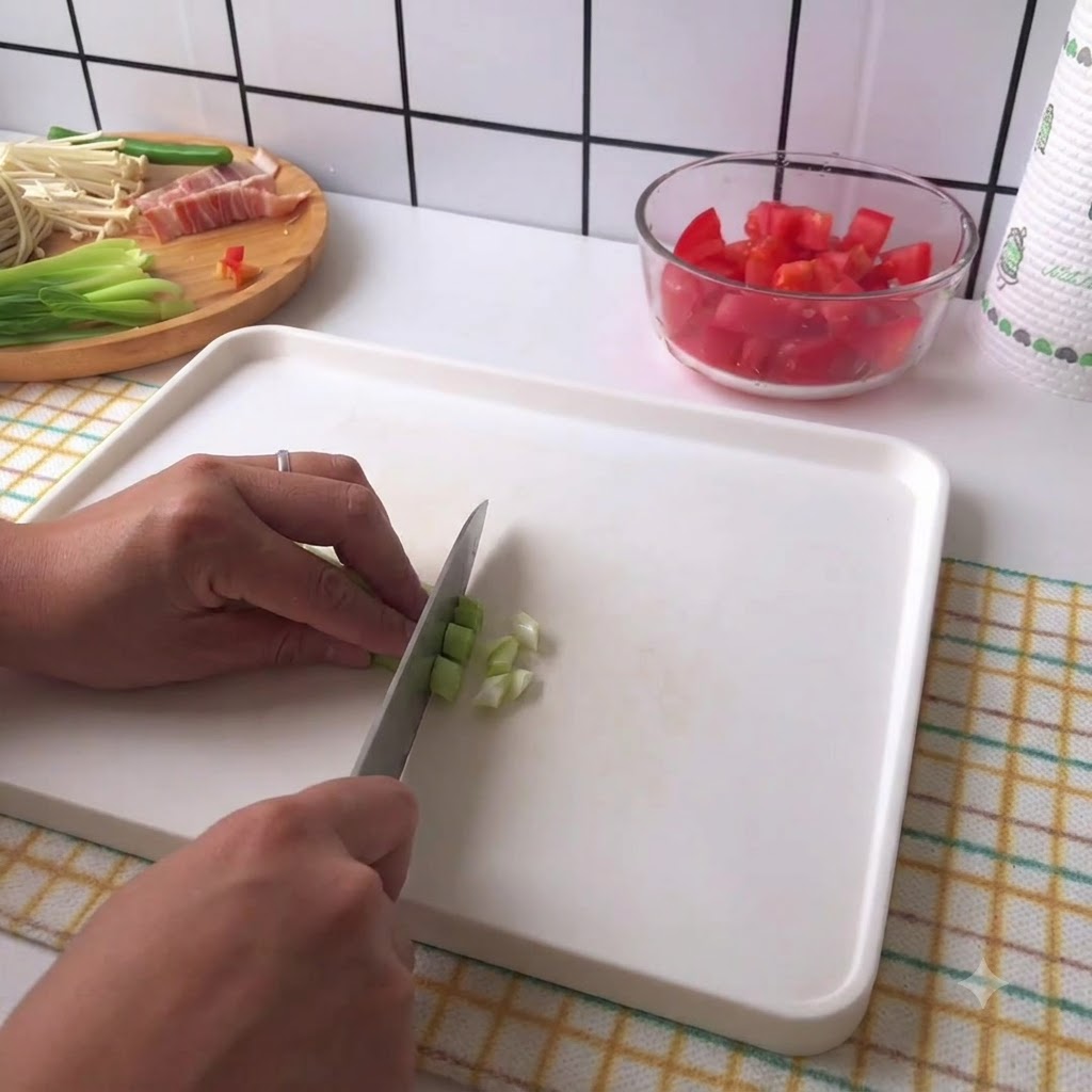 Hands carefully slicing green onions on a white cutting board.