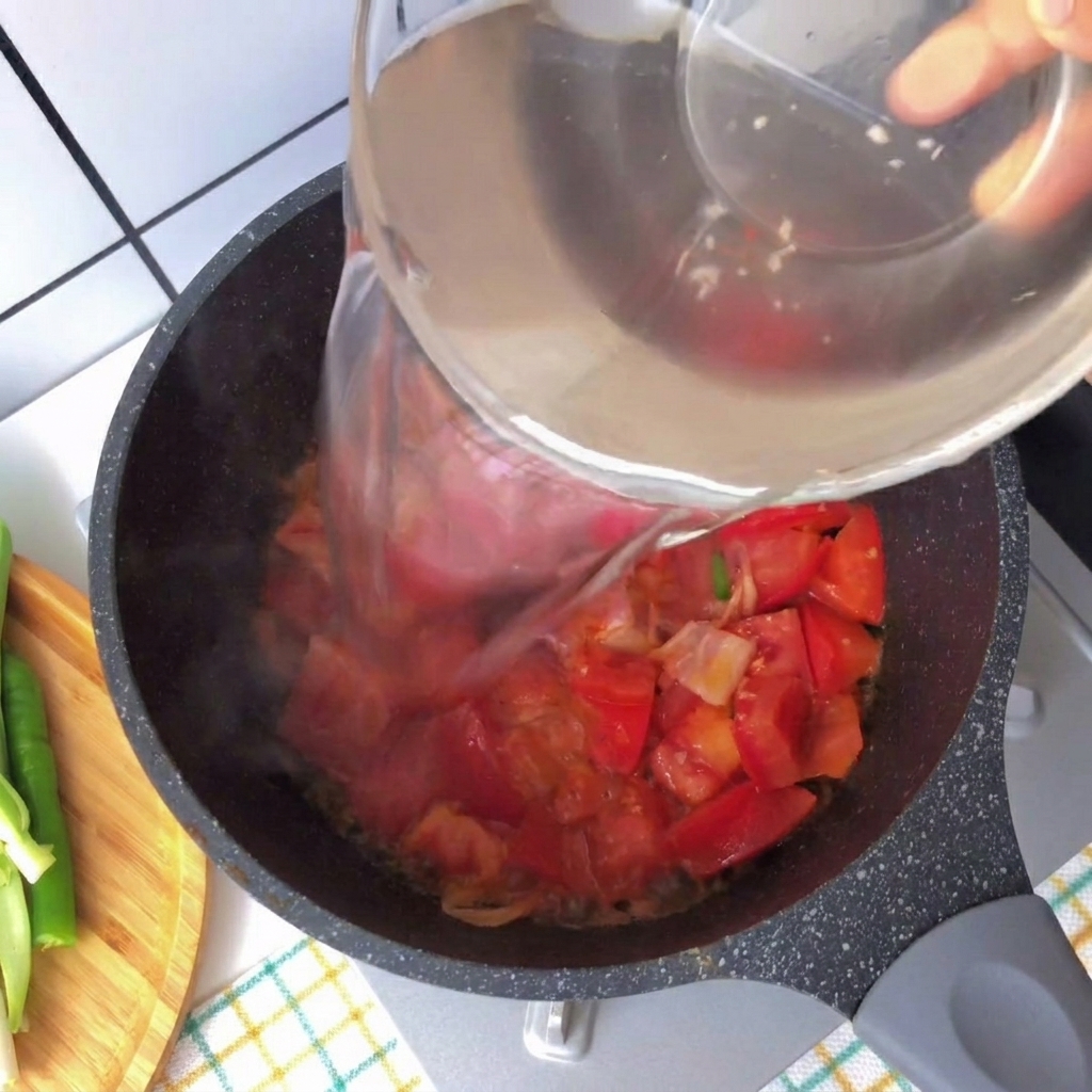 Clear water being poured from a glass bowl into a pot with tomatoes and bacon.