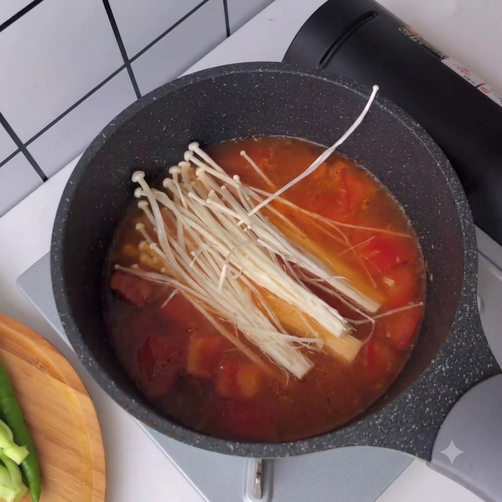 Fresh enoki mushrooms placed into a boiling red tomato broth.