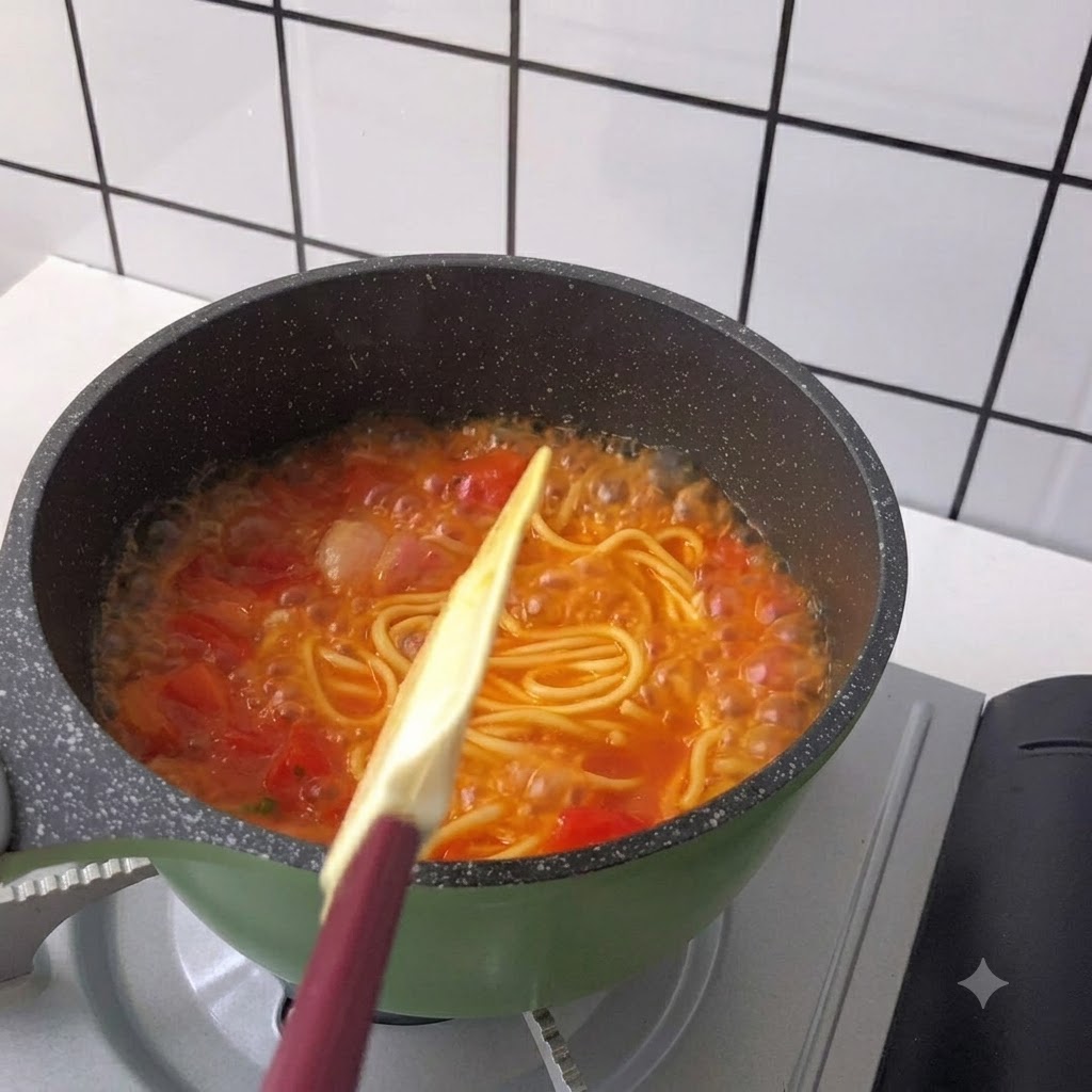 Stirring long noodles in a bubbling red broth using a spatula.