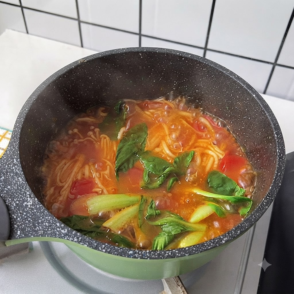 Bok choy leaves and cilantro wilting in a pot of hot noodle soup.