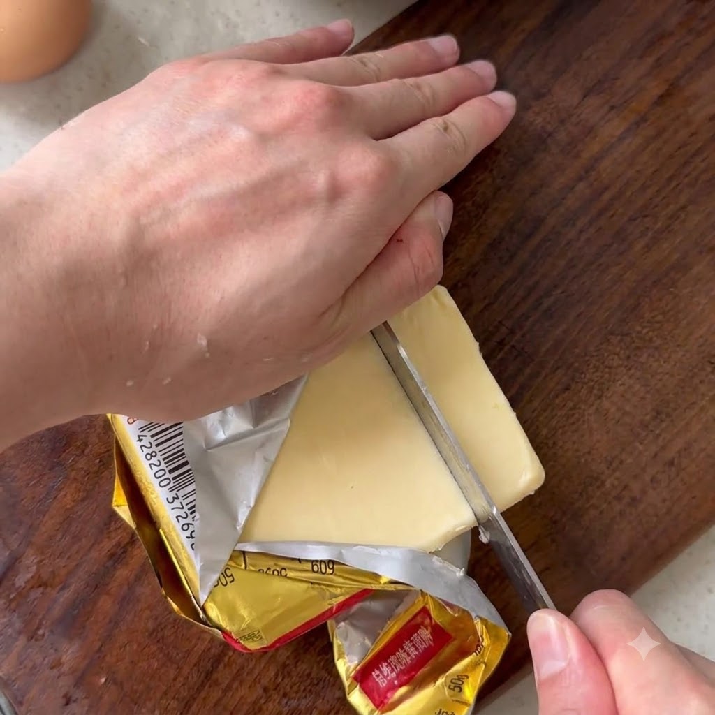 A block of yellow butter being cut into smaller portions on a wooden cutting board with a silver knife.