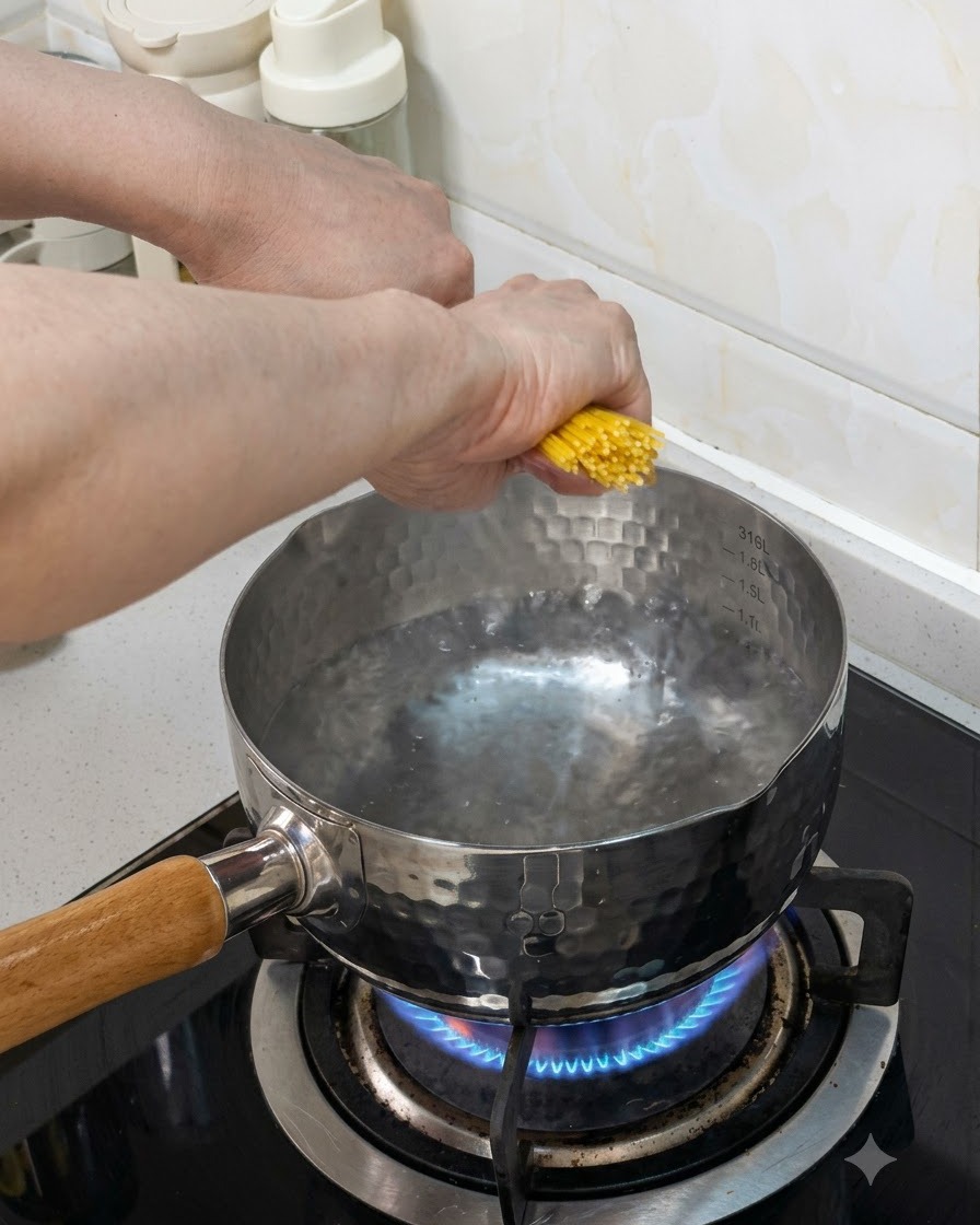 A bundle of spaghetti pasta being lowered into a pot of boiling water on a gas stove.