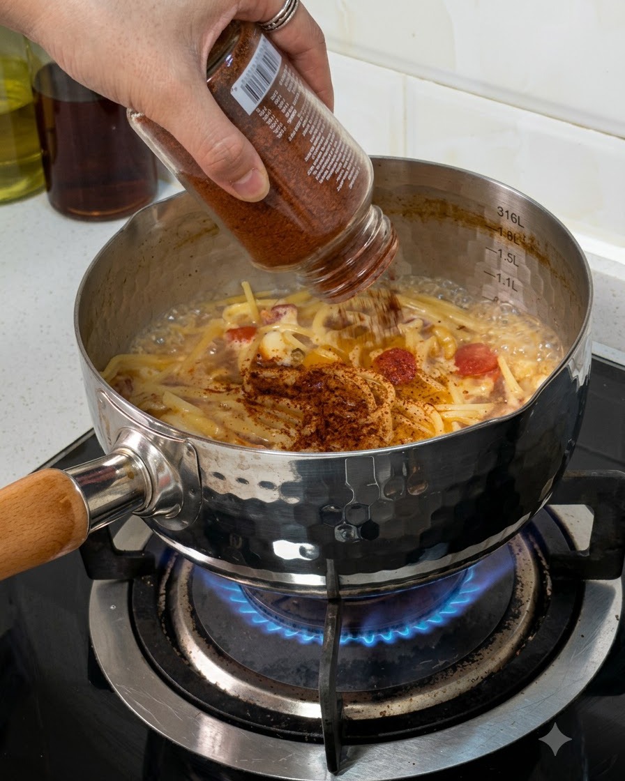 Spice seasoning powder being poured from a glass jar into a simmering pot of pasta and sauce.