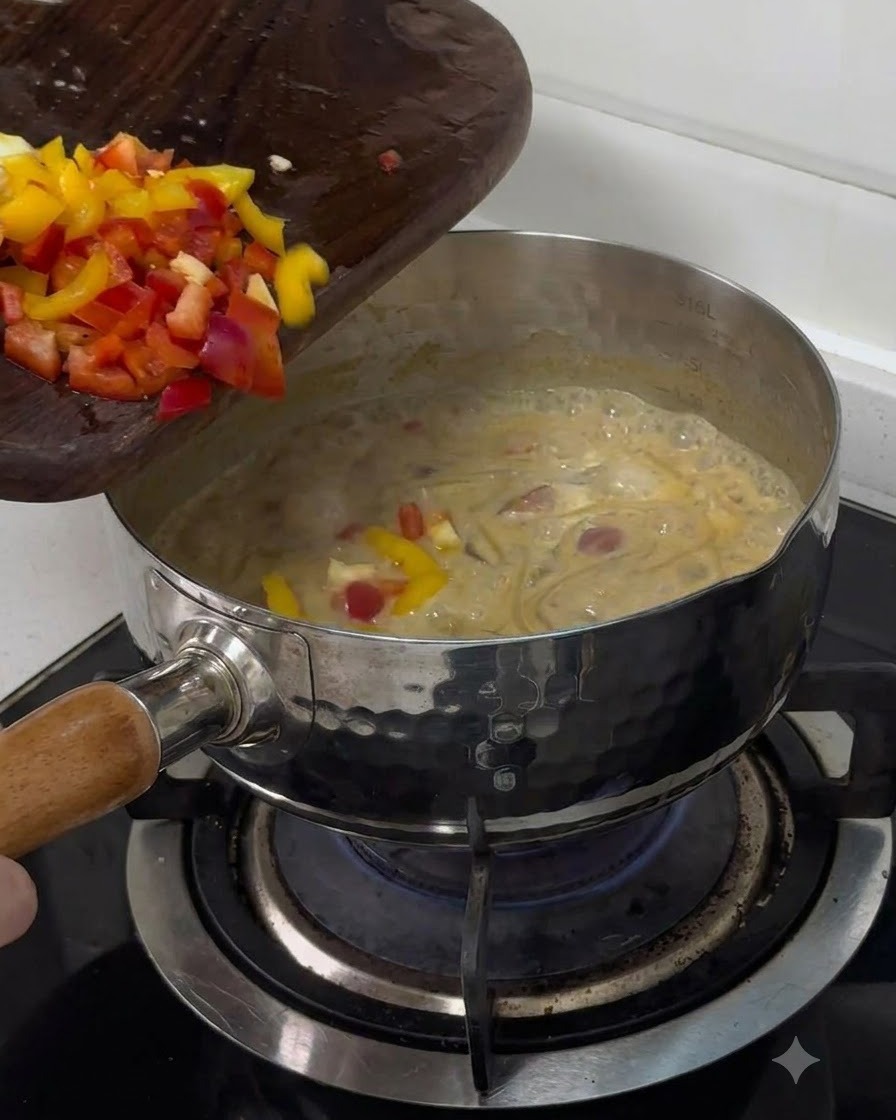 Red and yellow diced bell peppers being slid from a wooden cutting board into a bubbling pot of pasta.