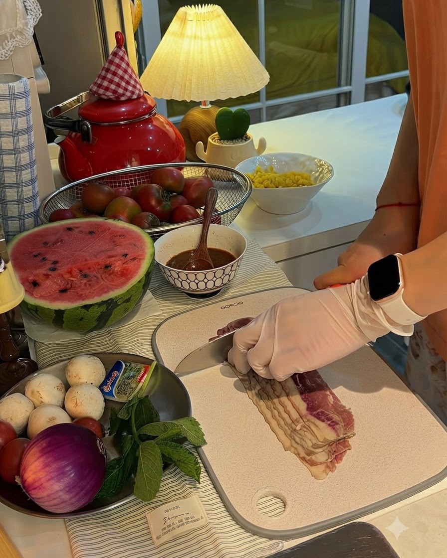 Bacon strips being sliced into smaller pieces on a cutting board with a knife.