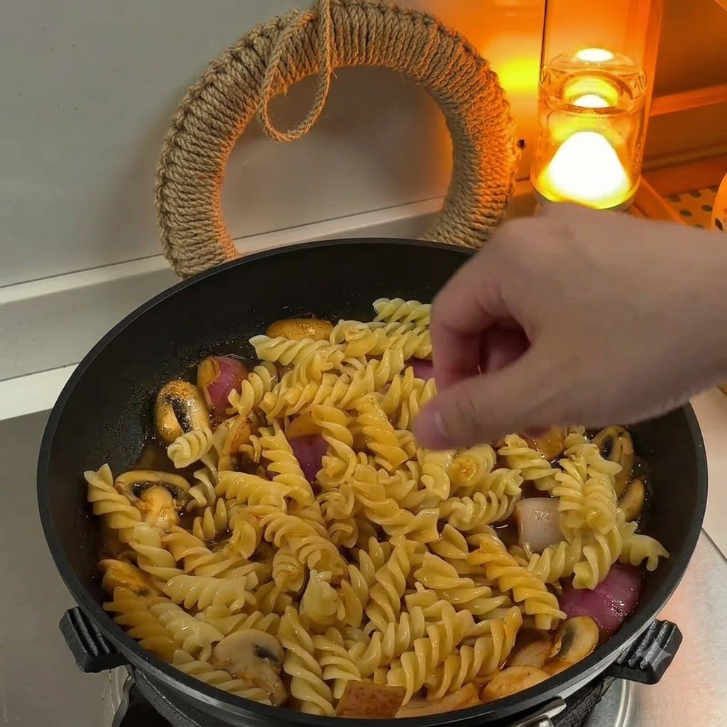 Halved cherry tomatoes and heavy cream being added to the pan of pasta.