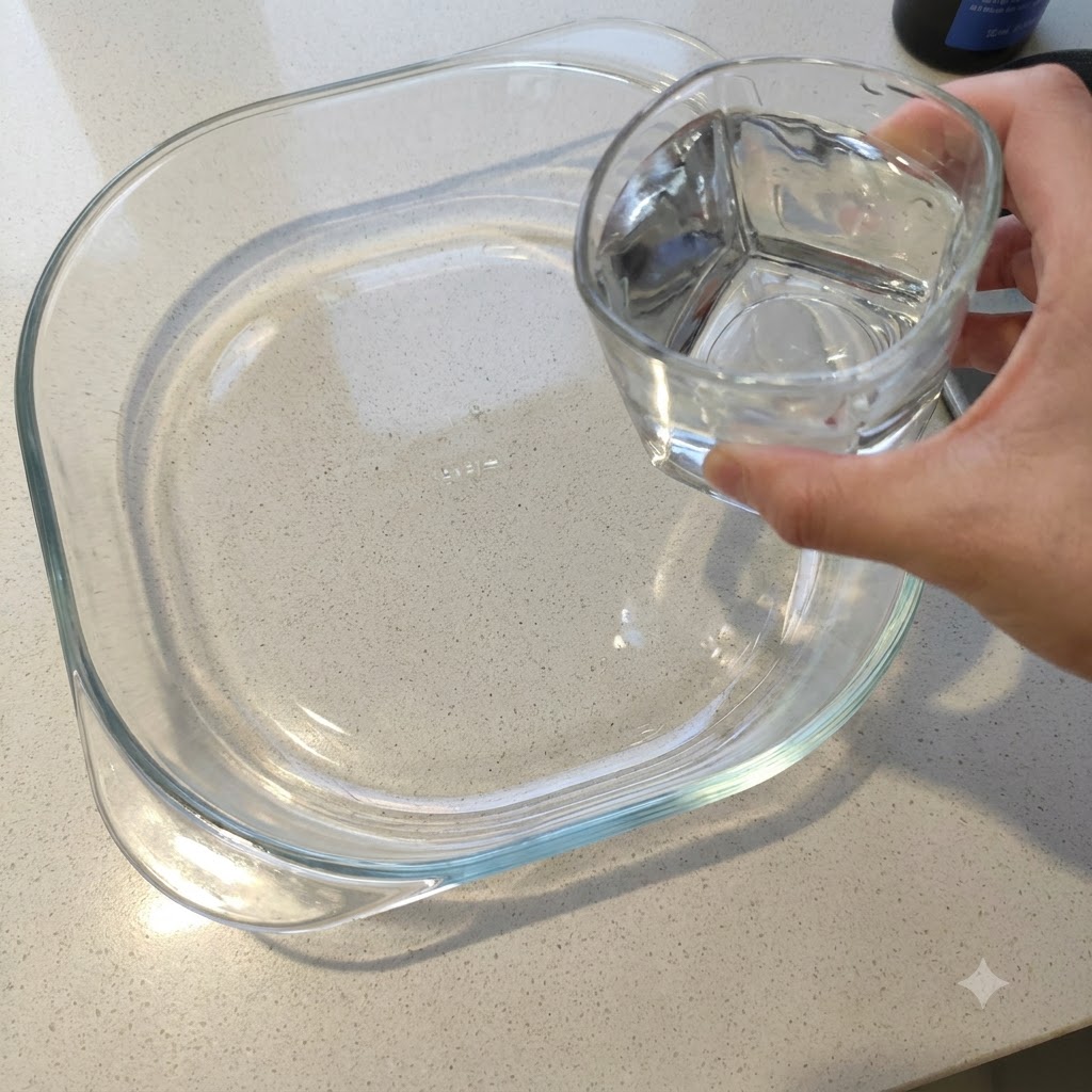 A hand pouring water from a glass into a clear glass mixing bowl.