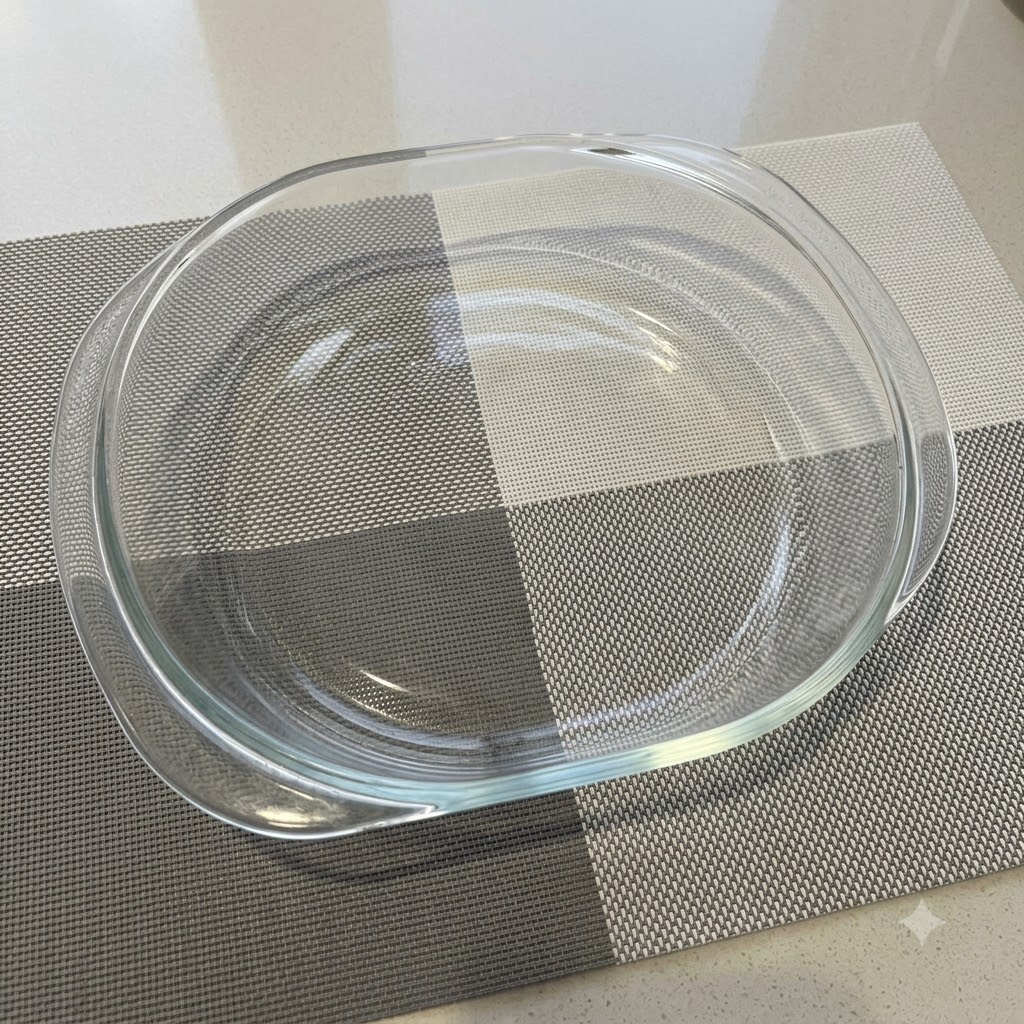 Empty glass mixing bowl resting on a patterned mat.