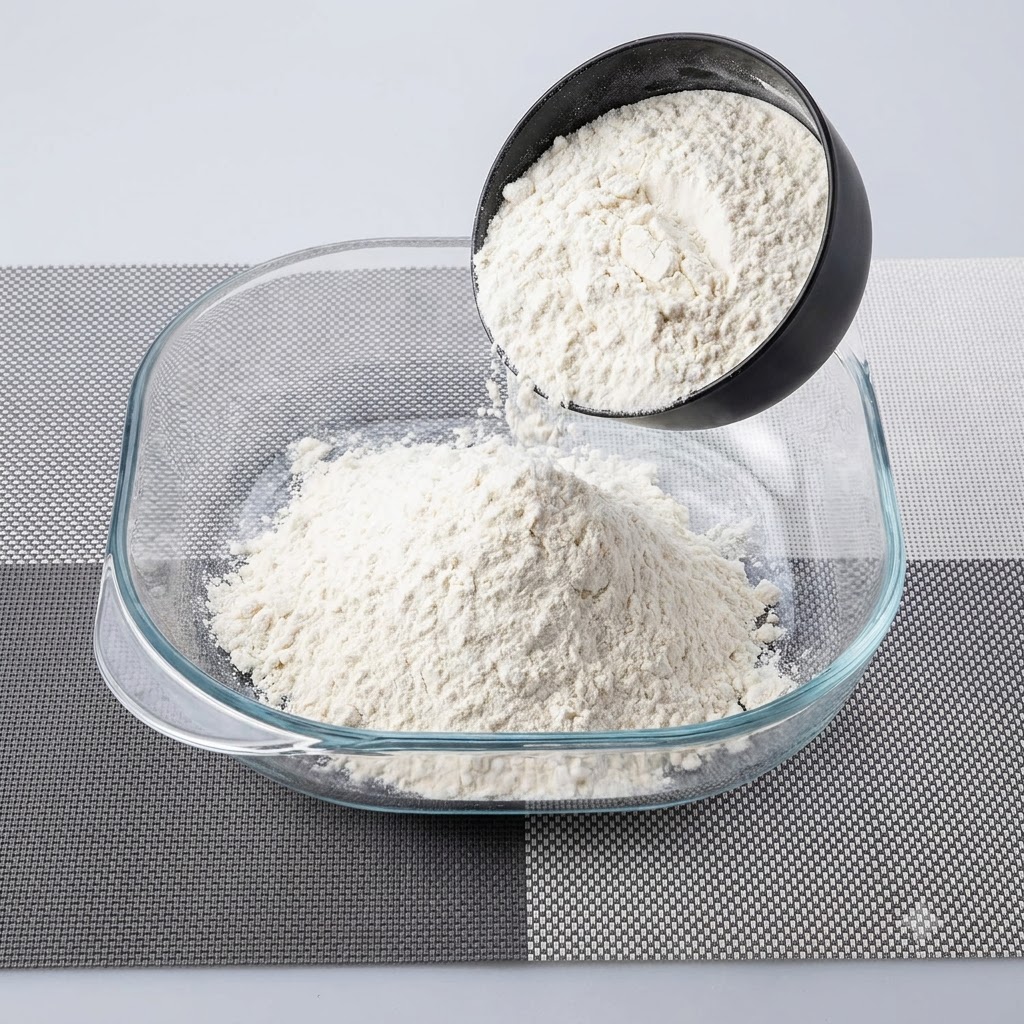 Flour being poured from a black bowl into a clear glass bowl.