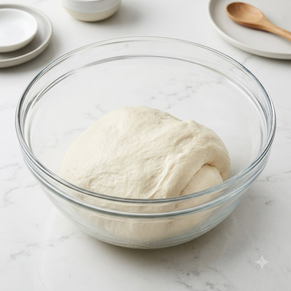 A smooth ball of pizza dough resting inside a clear glass bowl on a marble surface.