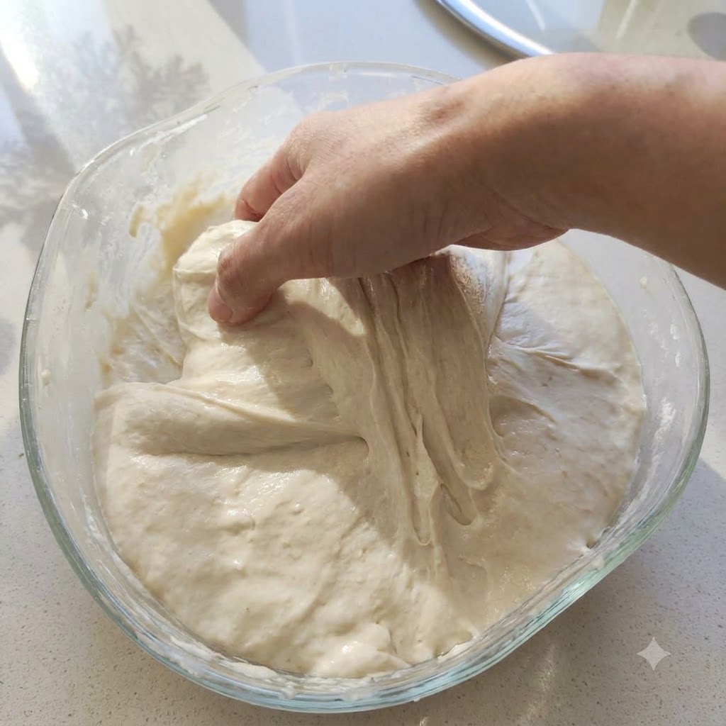 A hand grabbing and stretching a portion of fermented pizza dough upwards inside a glass bowl.