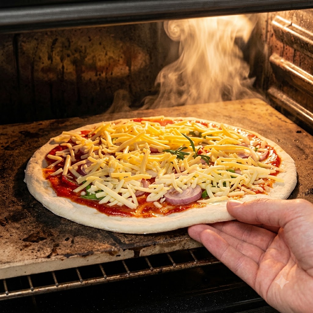 A hand sliding a raw, assembled pizza into a hot oven with visible flames in the background.