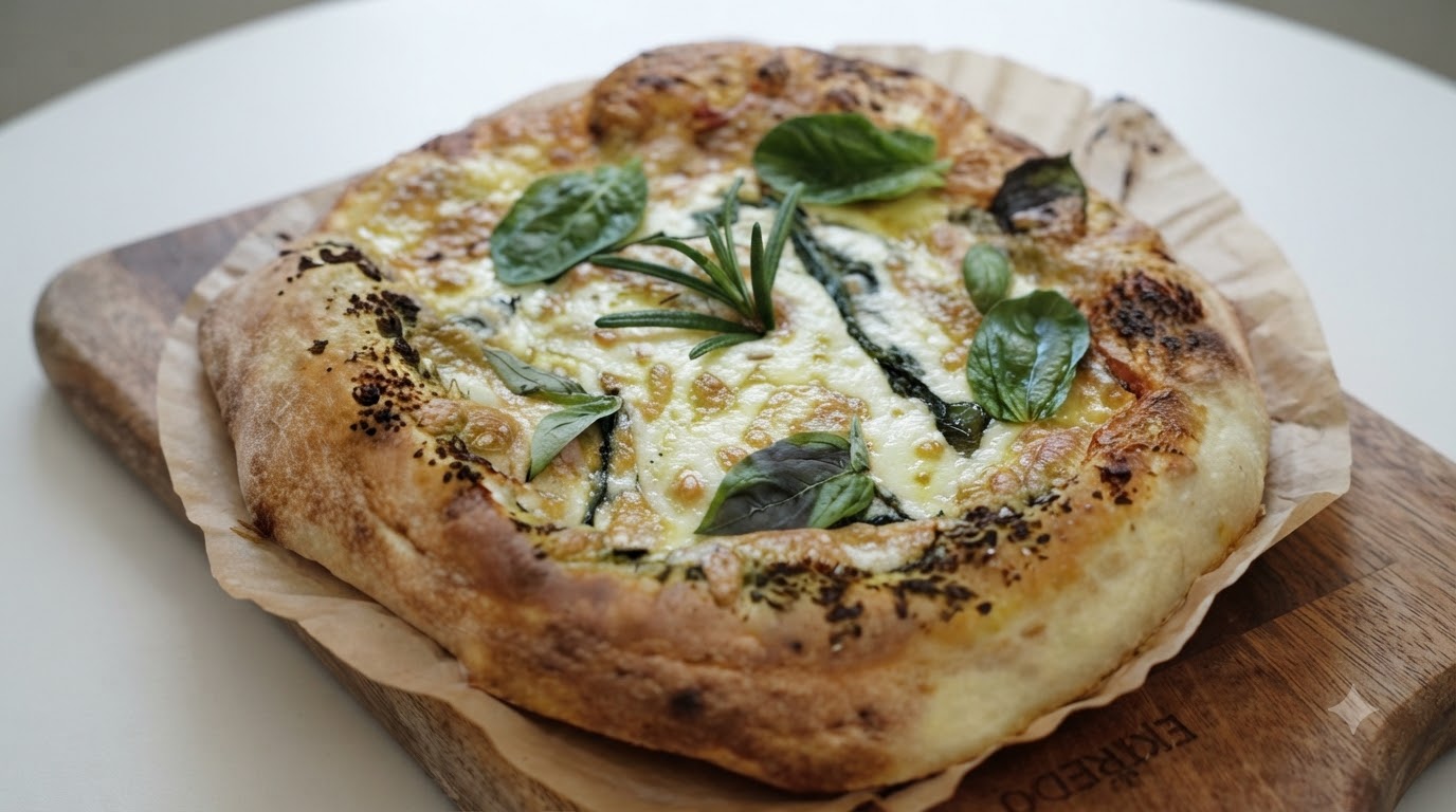 A freshly baked pesto pizza on a wooden cutting board, garnished with fresh basil and rosemary