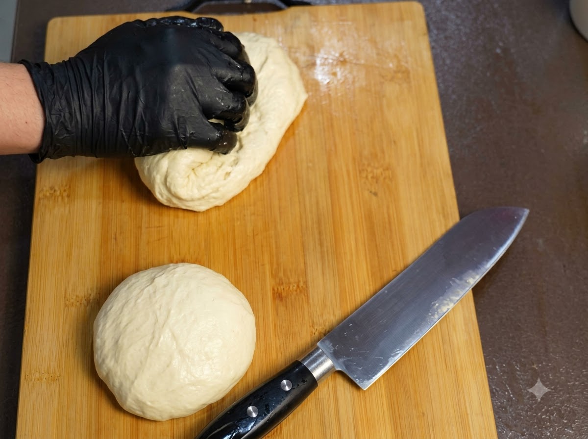 A large portion of soft dough being cut into smaller sections on a wooden cutting board next to a chefs knife.