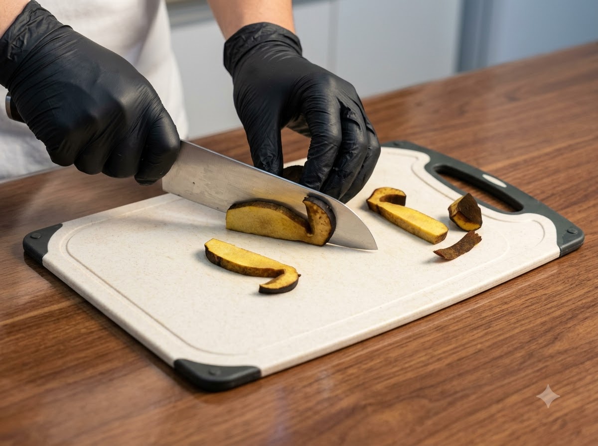 Mushroom pieces being sliced with a knife on a white cutting board.