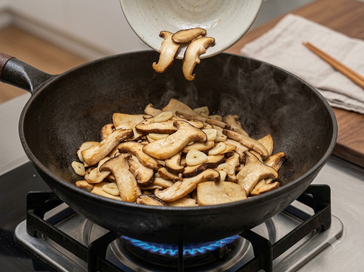 Sliced mushrooms being poured from a small bowl into a wok filled with sizzling garlic.