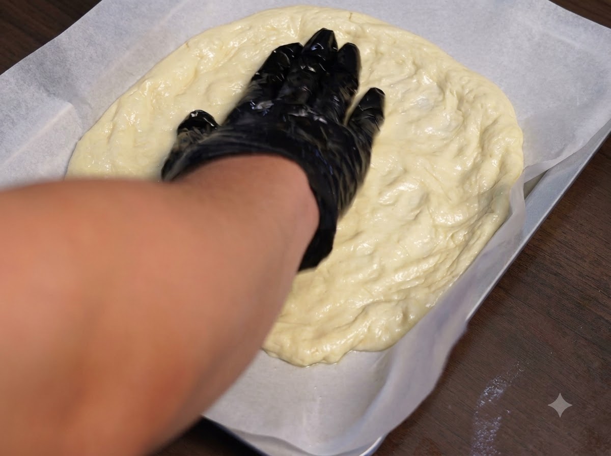 Shredded cheese being scattered over a flattened pizza dough layer.