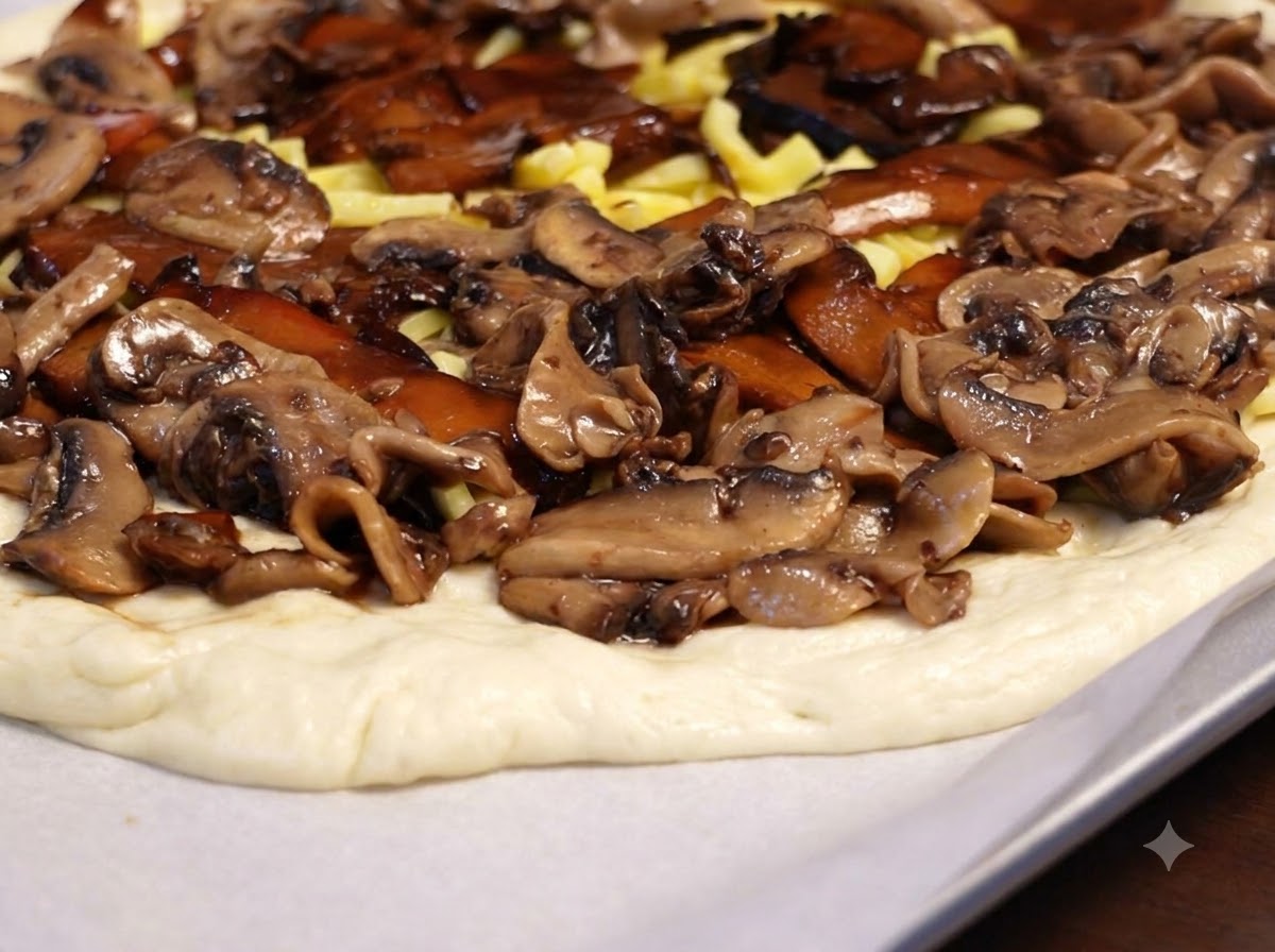 Sliced sausage pieces arranged evenly across the mushroom and cheese layer.
