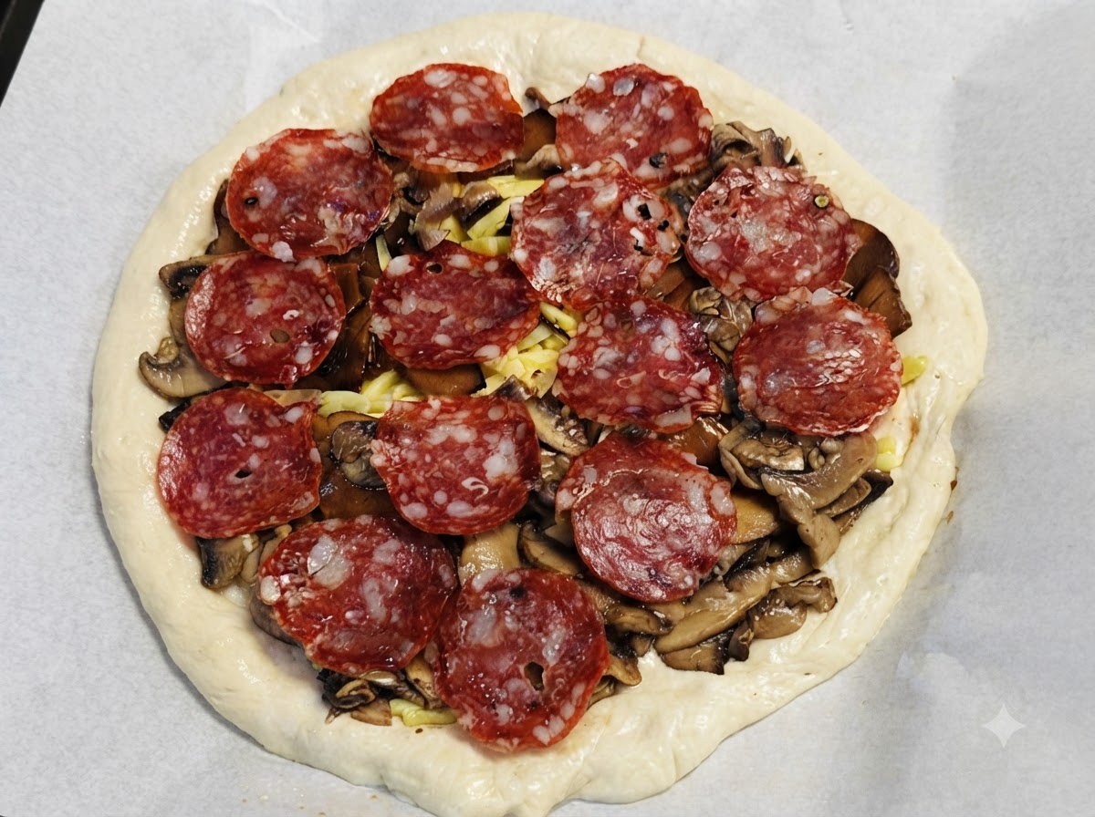 Fully assembled pizza ready to be placed inside a hot oven for baking.