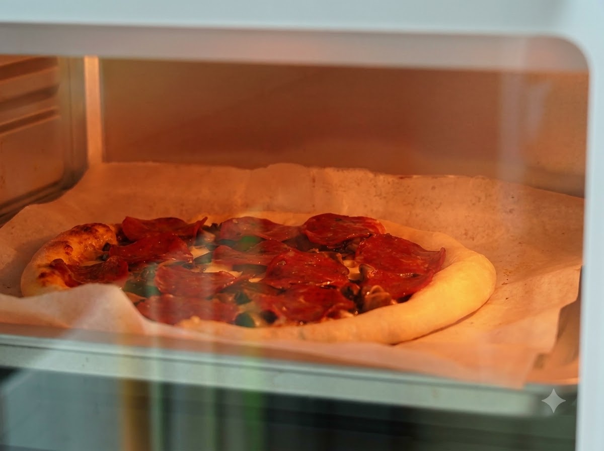 A close-up view through the glass door of an oven showing a partially baked pizza being topped with more shredded cheese.