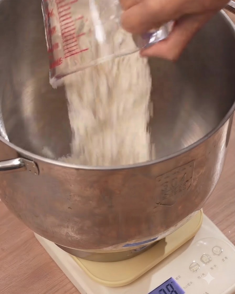 White pizza flour being poured from a measuring cup into a large metal mixing bowl.