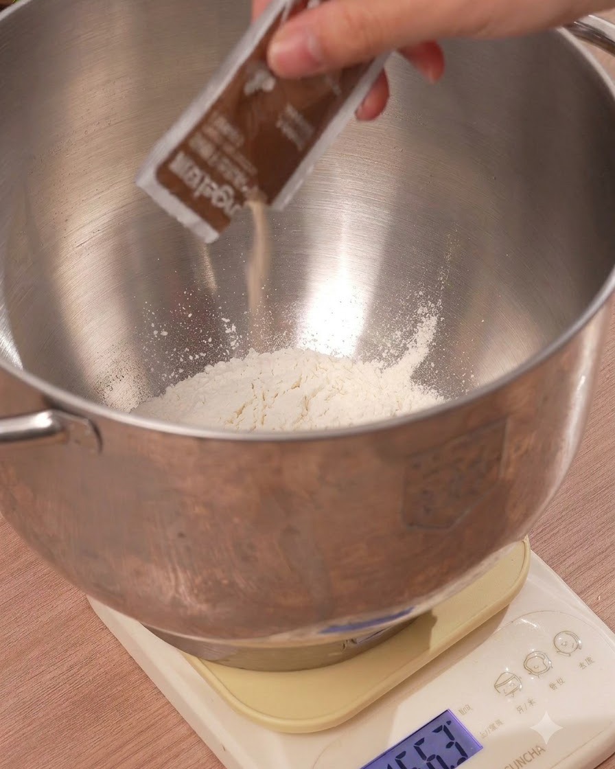 Active dry yeast being poured from a small packet into the flour mixture inside a metal bowl.