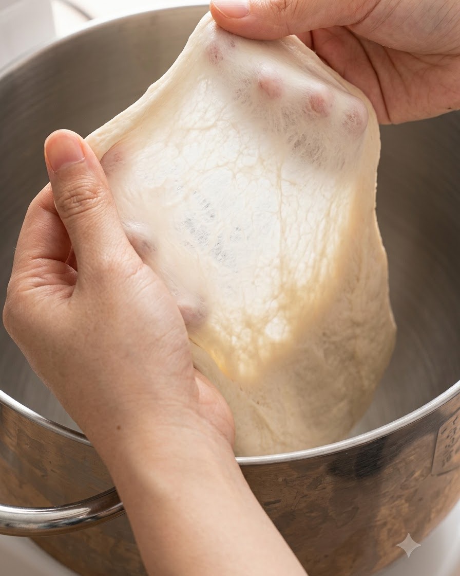 A piece of pizza dough being stretched between fingers to show a thin, translucent membrane.
