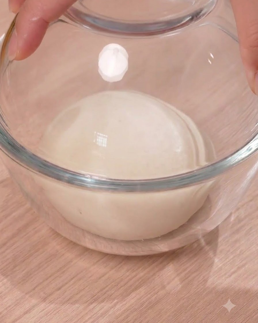 A rounded ball of dough resting inside a glass bowl covered with a clear lid.