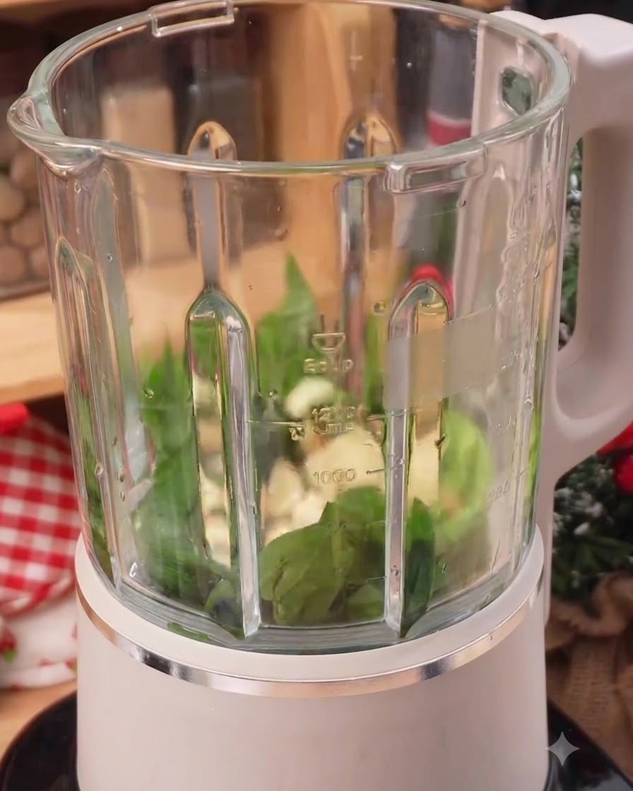 Fresh basil leaves, garlic, and oil inside a clear blender jar ready to be blended.