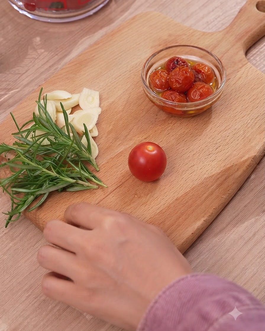 Fresh cherry tomatoes, garlic, and rosemary laid out on a wooden cutting board next to a bowl of seasoned tomatoes.