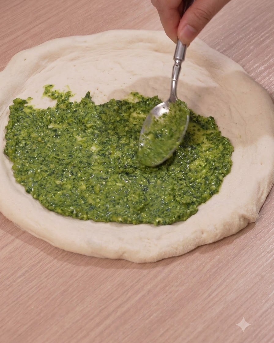 A spoon spreading vibrant green pesto sauce smoothly over the center of a round, raw pizza dough.