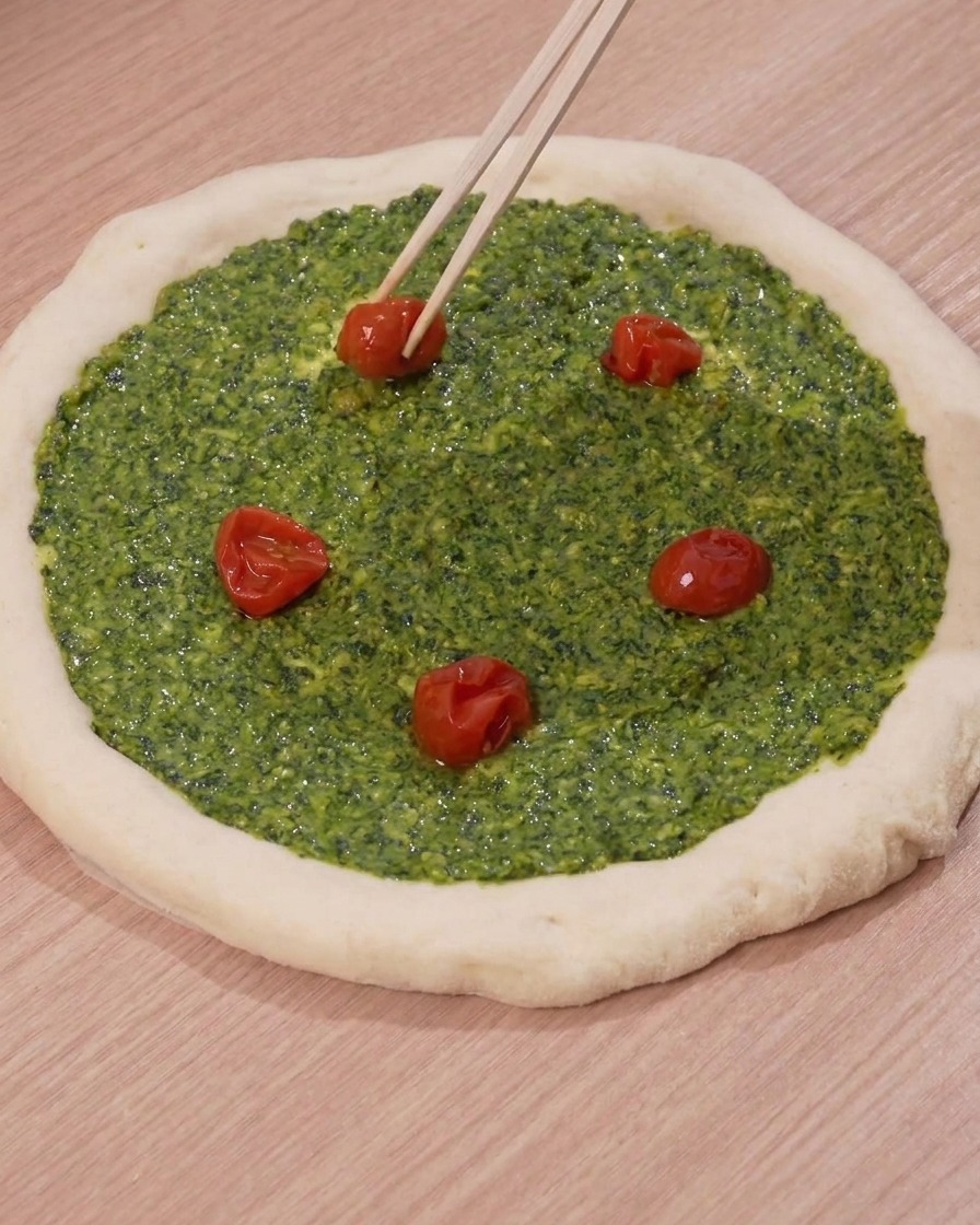 Chopsticks placing roasted cherry tomato halves onto the green pesto base of a pizza dough.