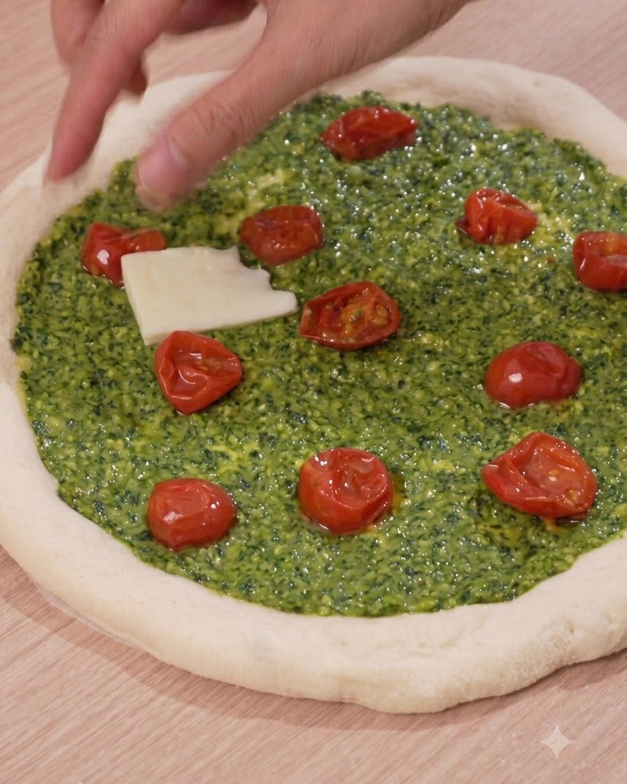 Thick white slices of mozzarella cheese being placed onto the pesto and tomato pizza base.