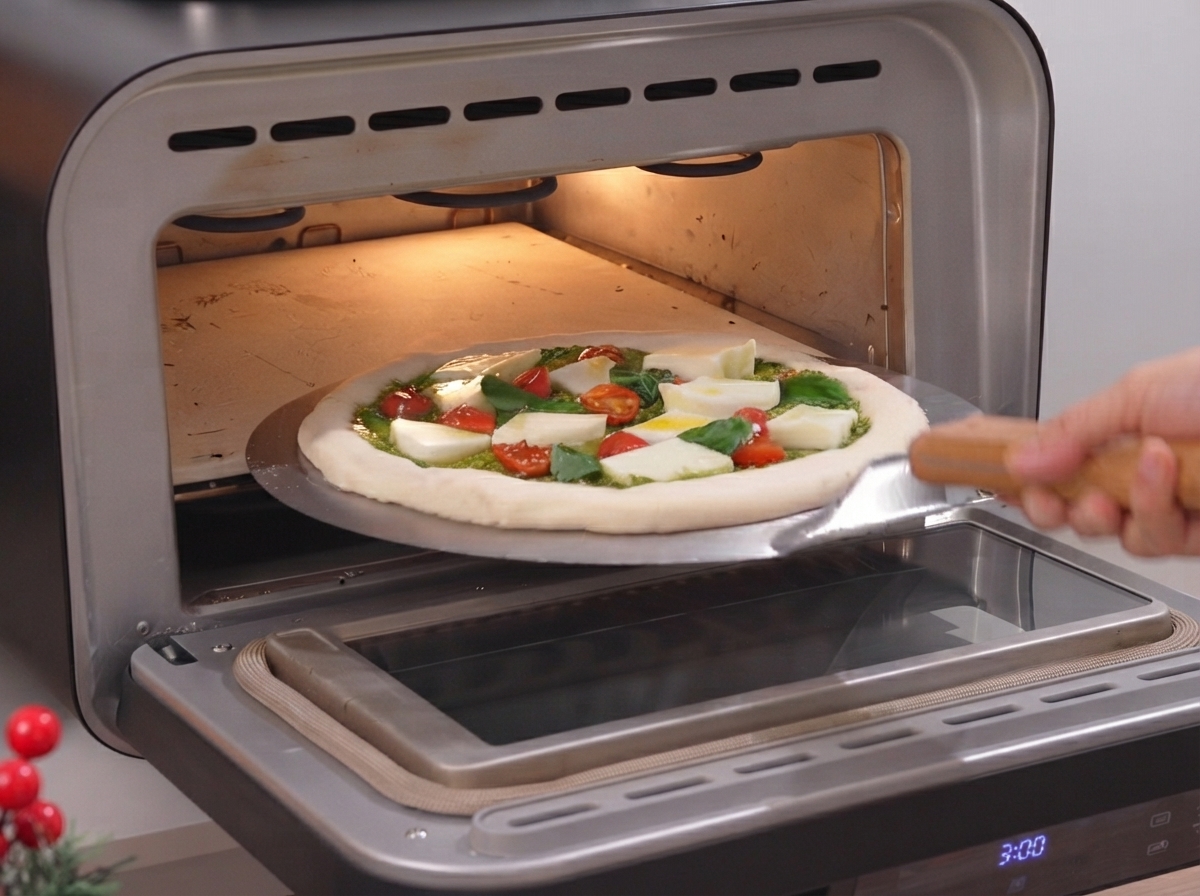 A fully assembled raw pizza being slid from a peel into the glowing interior of a hot pizza oven.