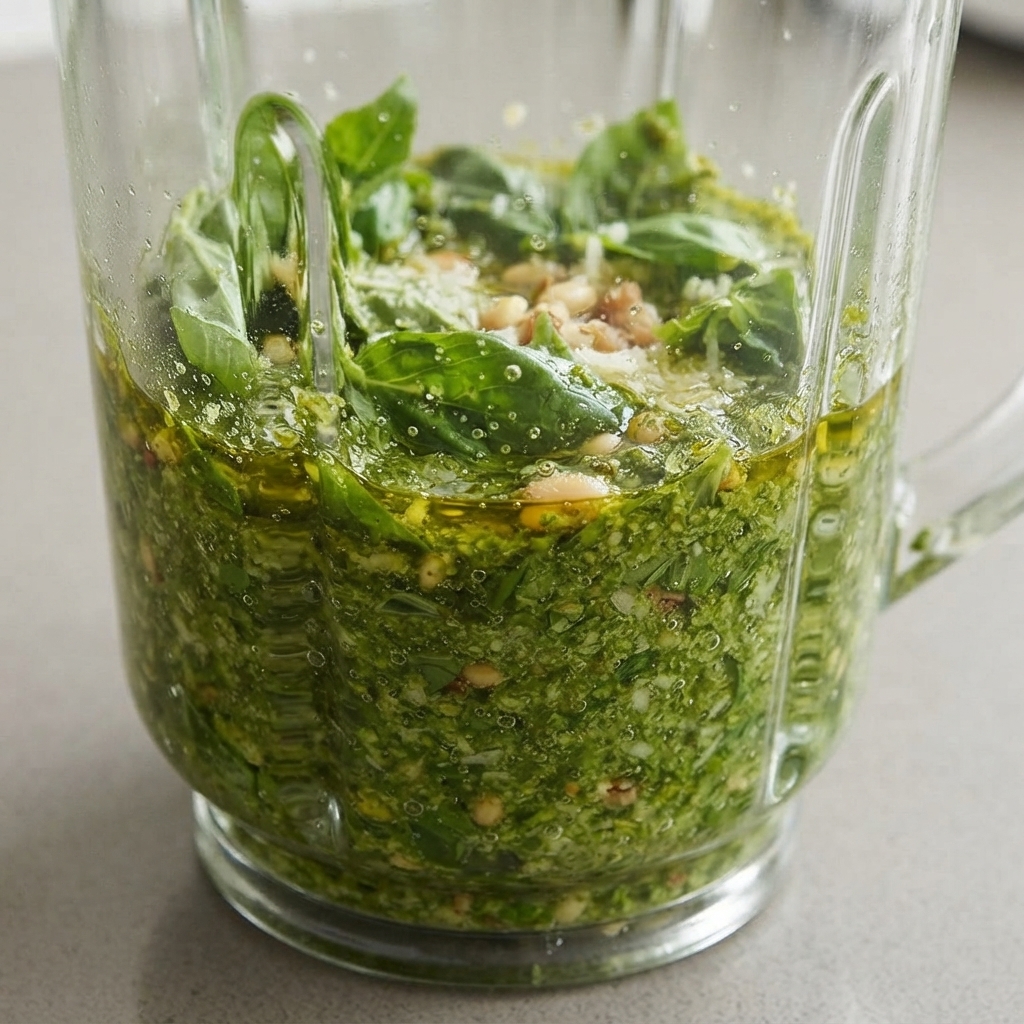 Freshly blended green basil pesto sauce inside a glass container with a spatula.