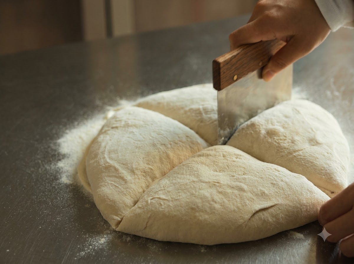 A metal dough scraper slicing through a large round of pizza dough into four sections.