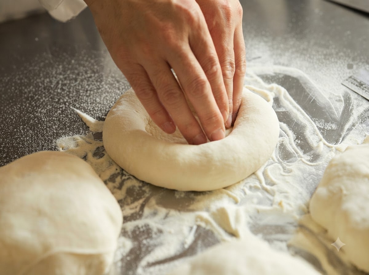 Hands pressing and shaping a ball of pizza dough into a circular disk.