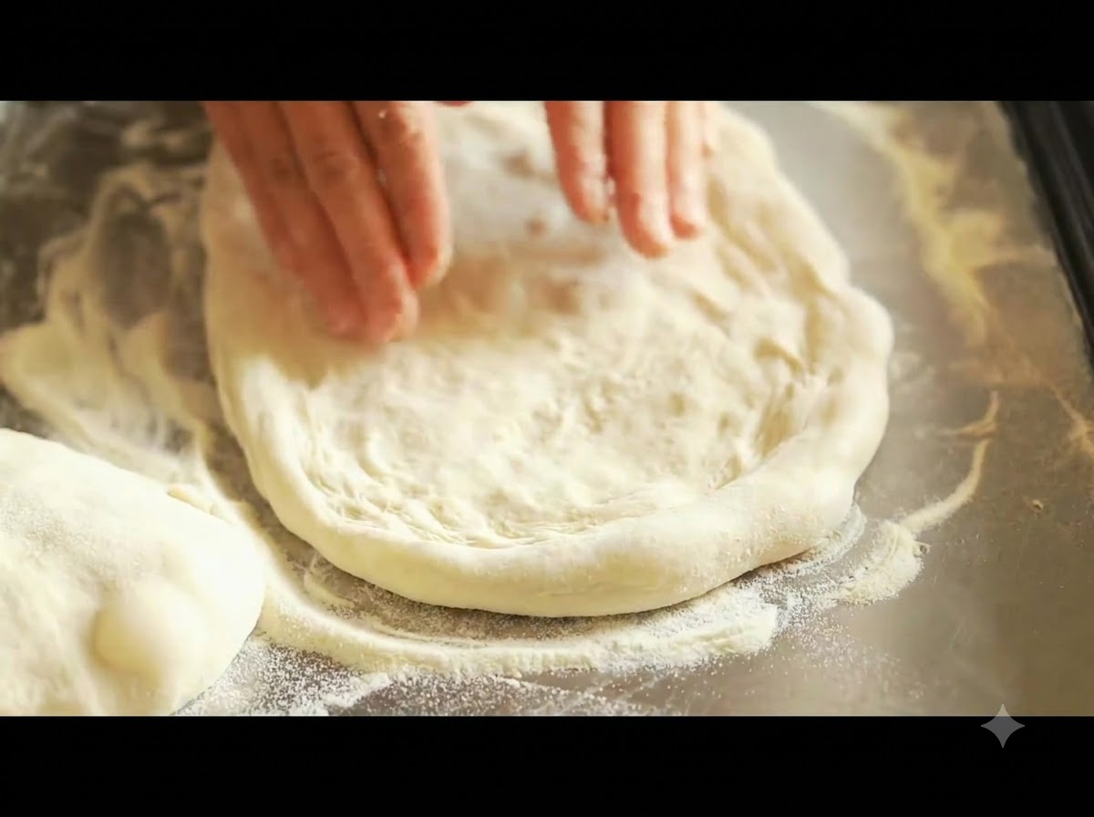 Green pesto sauce being spread smoothly across a round pizza dough base.