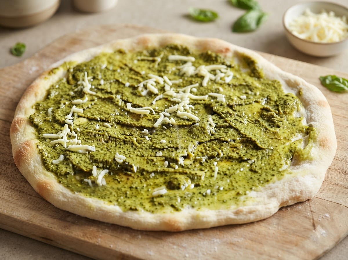 A pizza crust spread with green pesto sauce and topped with scattered shreds of mozzarella cheese.