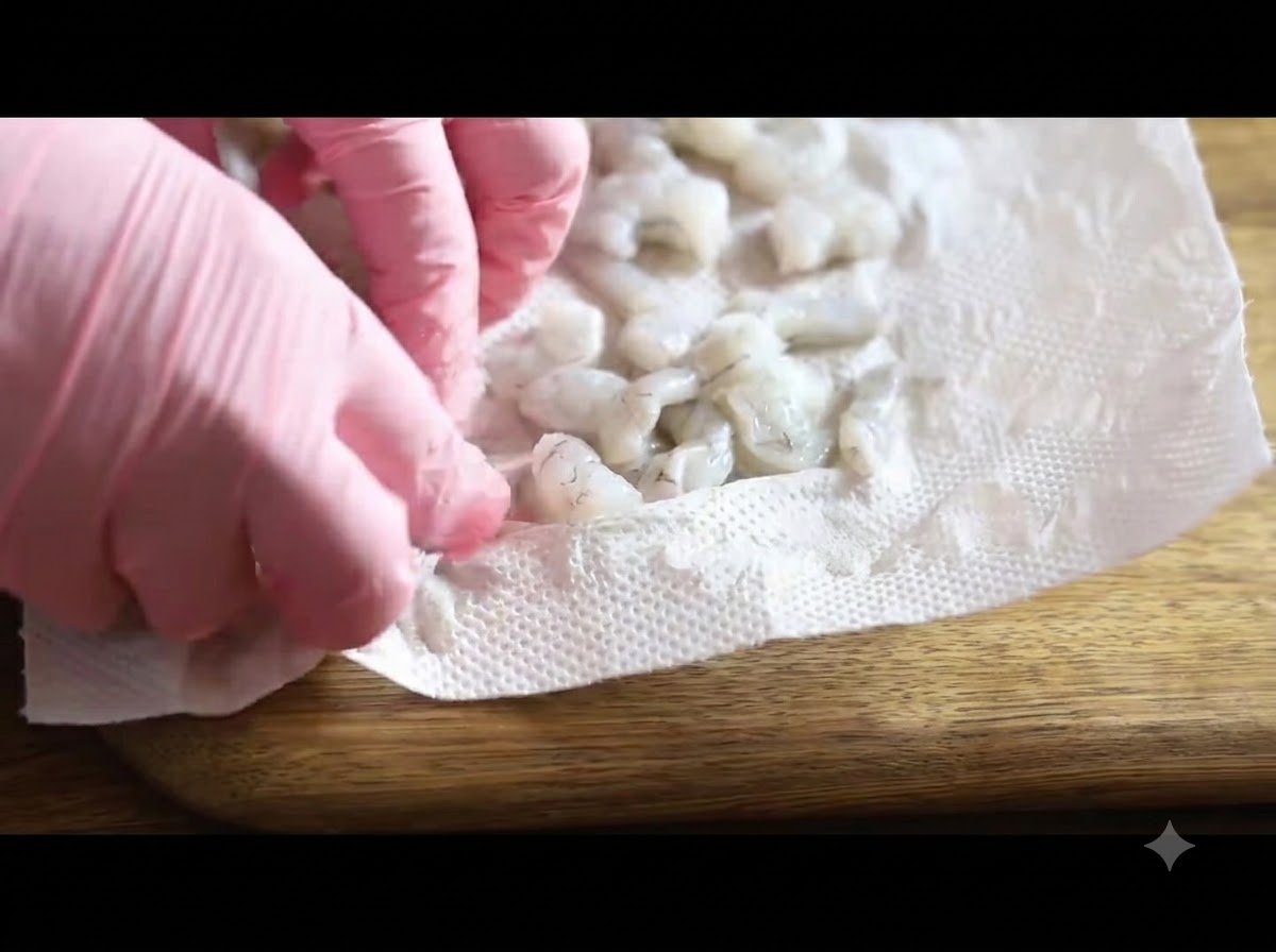 Gloved hands pressing paper towels against raw shrimp pieces laid out on a wooden board.