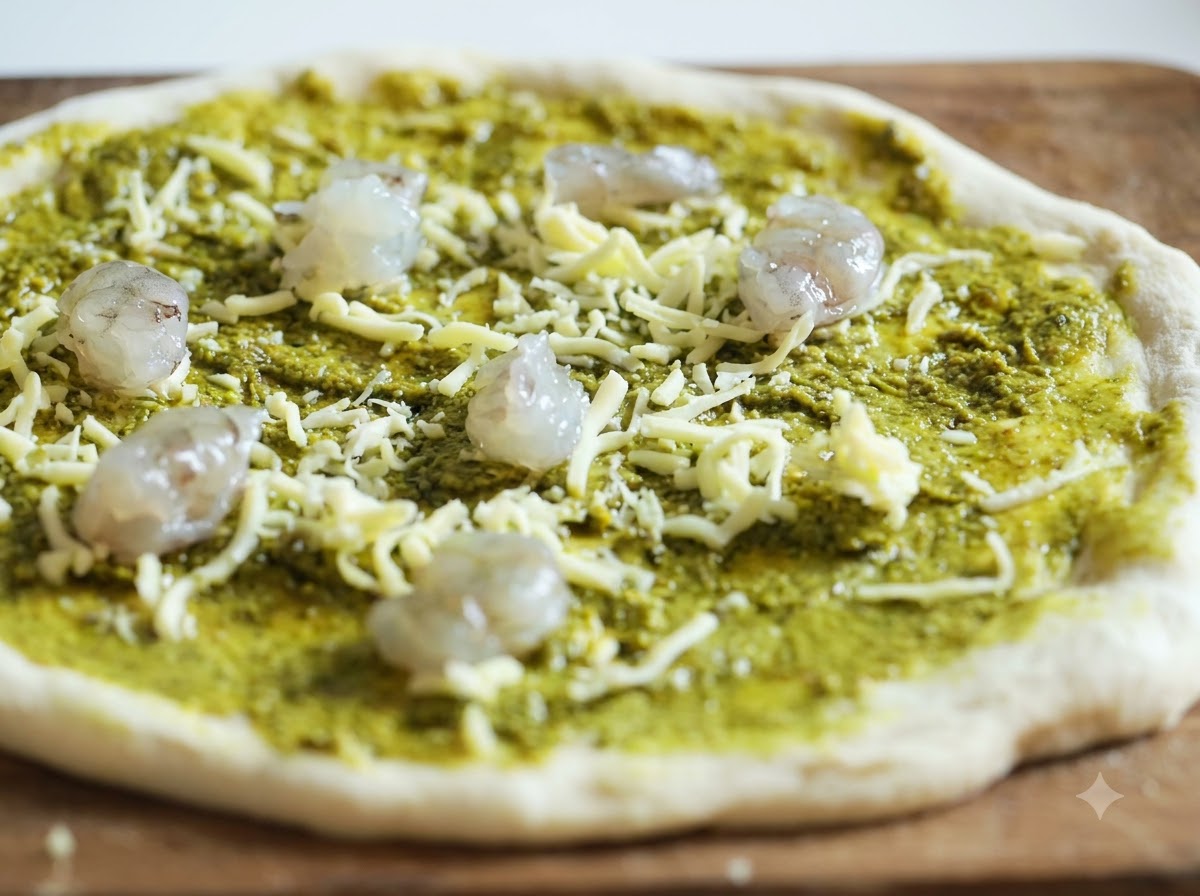 Raw shrimp pieces distributed evenly over a pesto and cheese covered pizza crust.