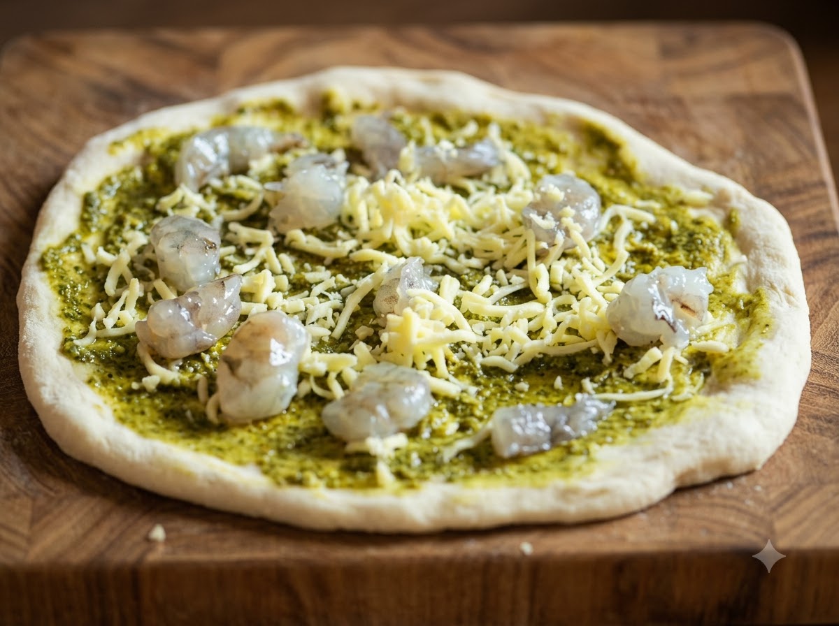 Fresh mozzarella cheese pieces being placed onto the pizza assembly.