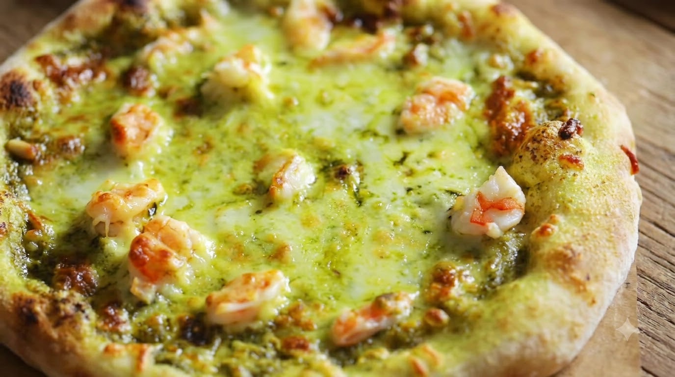 Rustic Basil Pesto and Shrimp Pizza