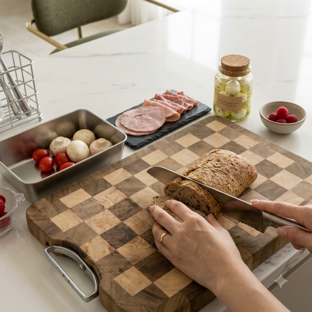 Slicing bread on a wooden cutting board with a cleaver knife.