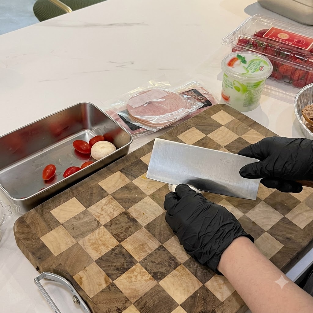 Cutting cherry tomatoes into halves on the cutting board.