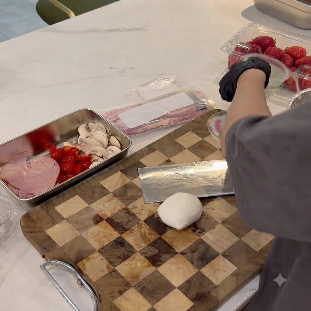 Slicing fresh mozzarella cheese balls on the cutting board.