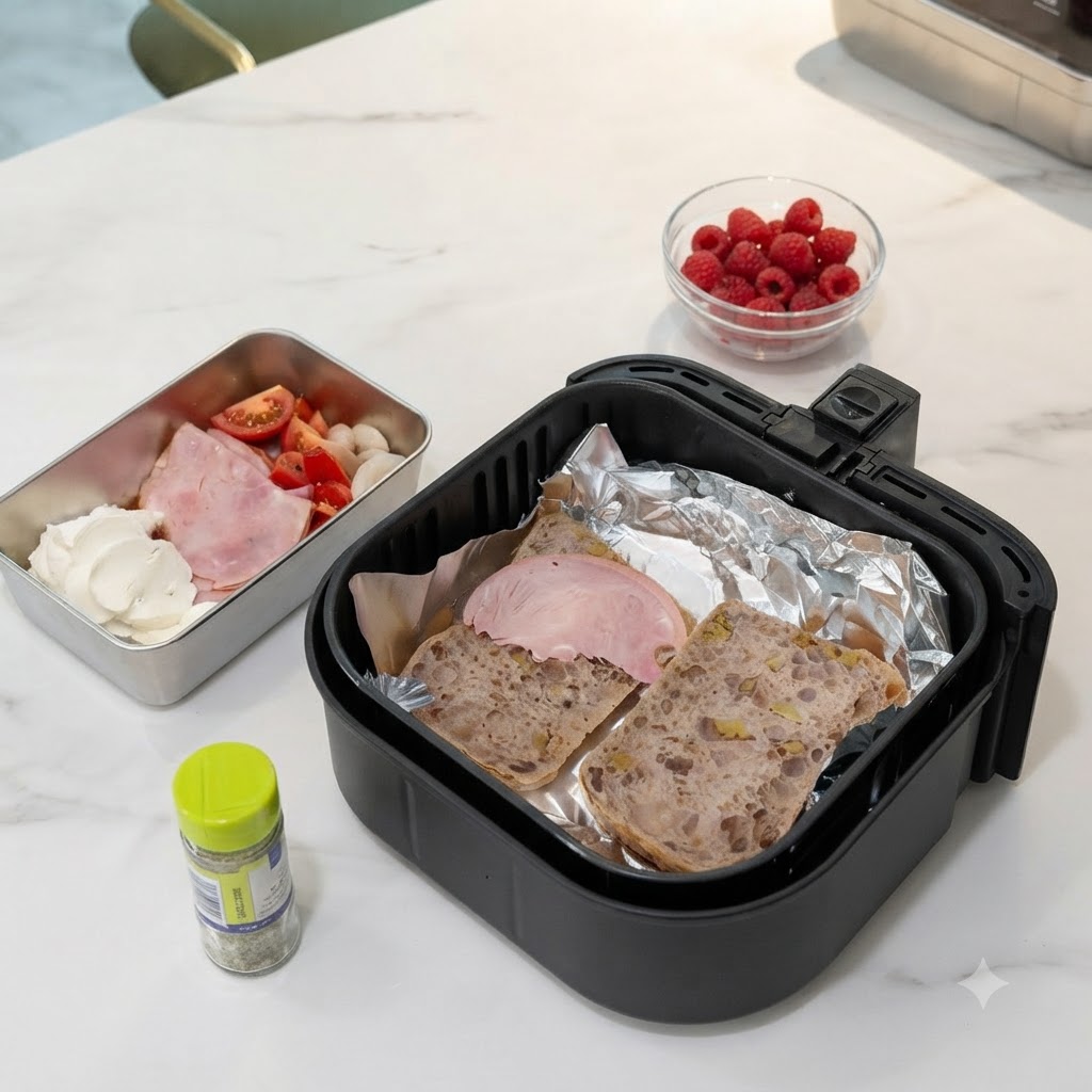 Placing slices of ham onto bread slices lined with aluminum foil inside an air fryer basket.