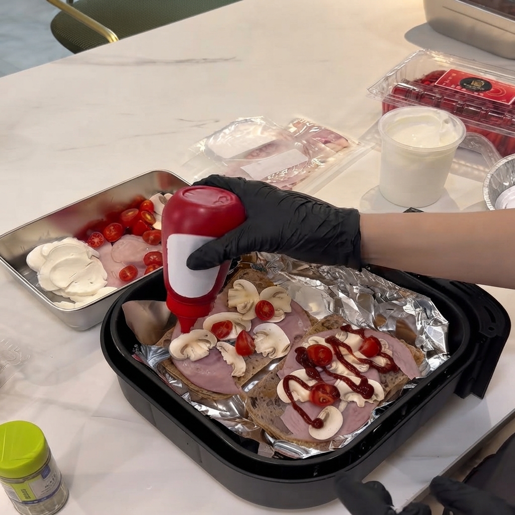 A gloved hand squeezing a red bottle of ketchup over sliced mushrooms and ham on bread.